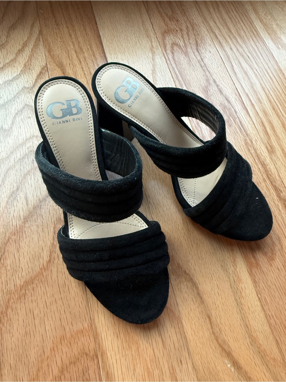 Gianni Bini Black Suede Double-Strap Slide Heels